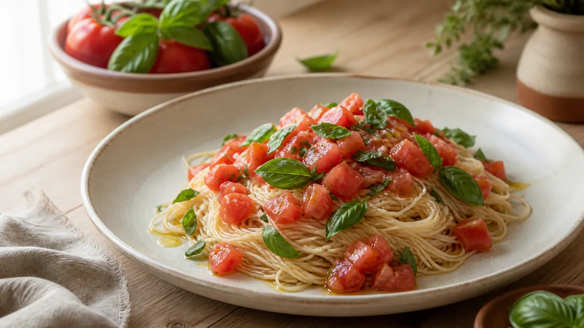 庭のバジル香るフレッシュトマト冷製カッペリーニ｜休日ランチにの完成写真