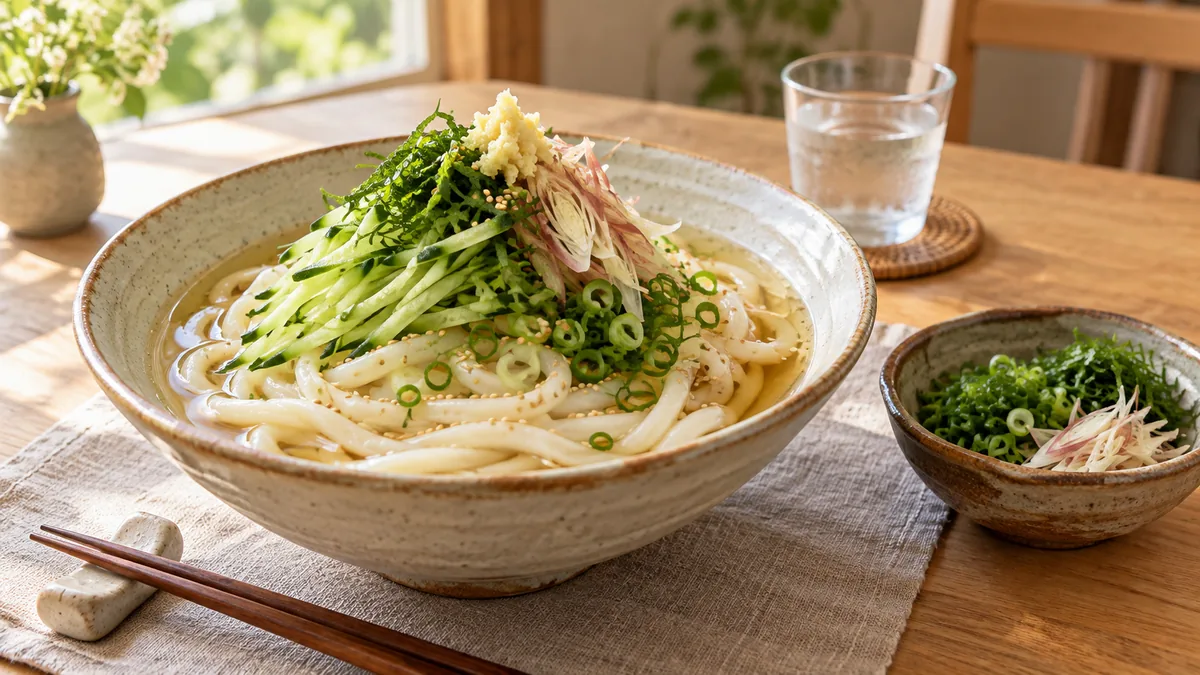 だし香る山盛り薬味の冷やしうどん｜休日ランチを特別にする作り方の完成写真