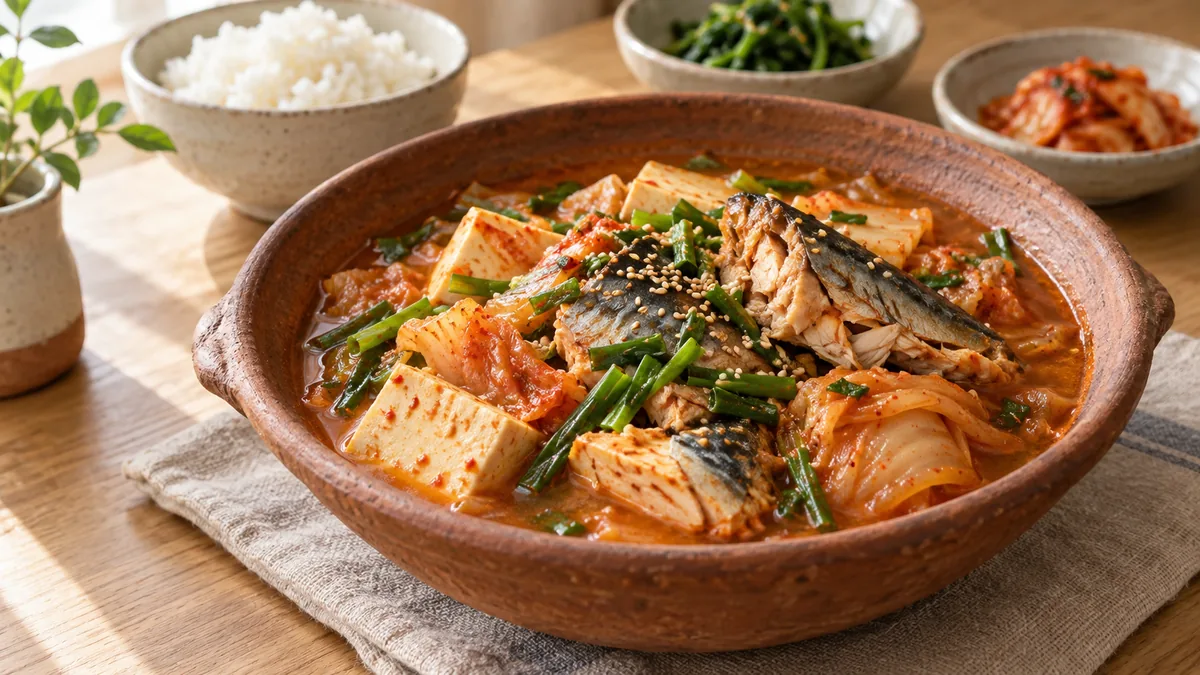 サバ缶と豆腐のうま辛キムチ煮｜18分で子ども用も作れる主菜の完成写真